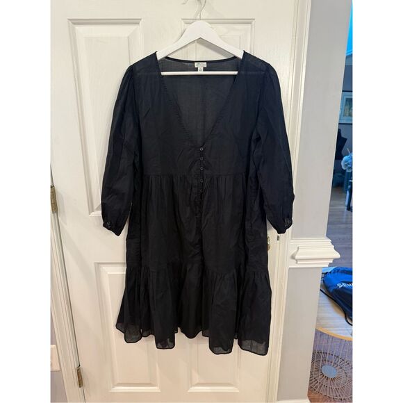 J. Crew Black Cotton Tiered Button Up Beach Dress sz L NWOT - Picture 2 of 6